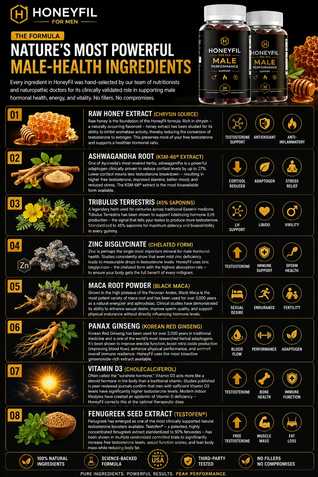 HoneyFil ingredients and what they do — the eight disclosed nutrients and botanical extracts